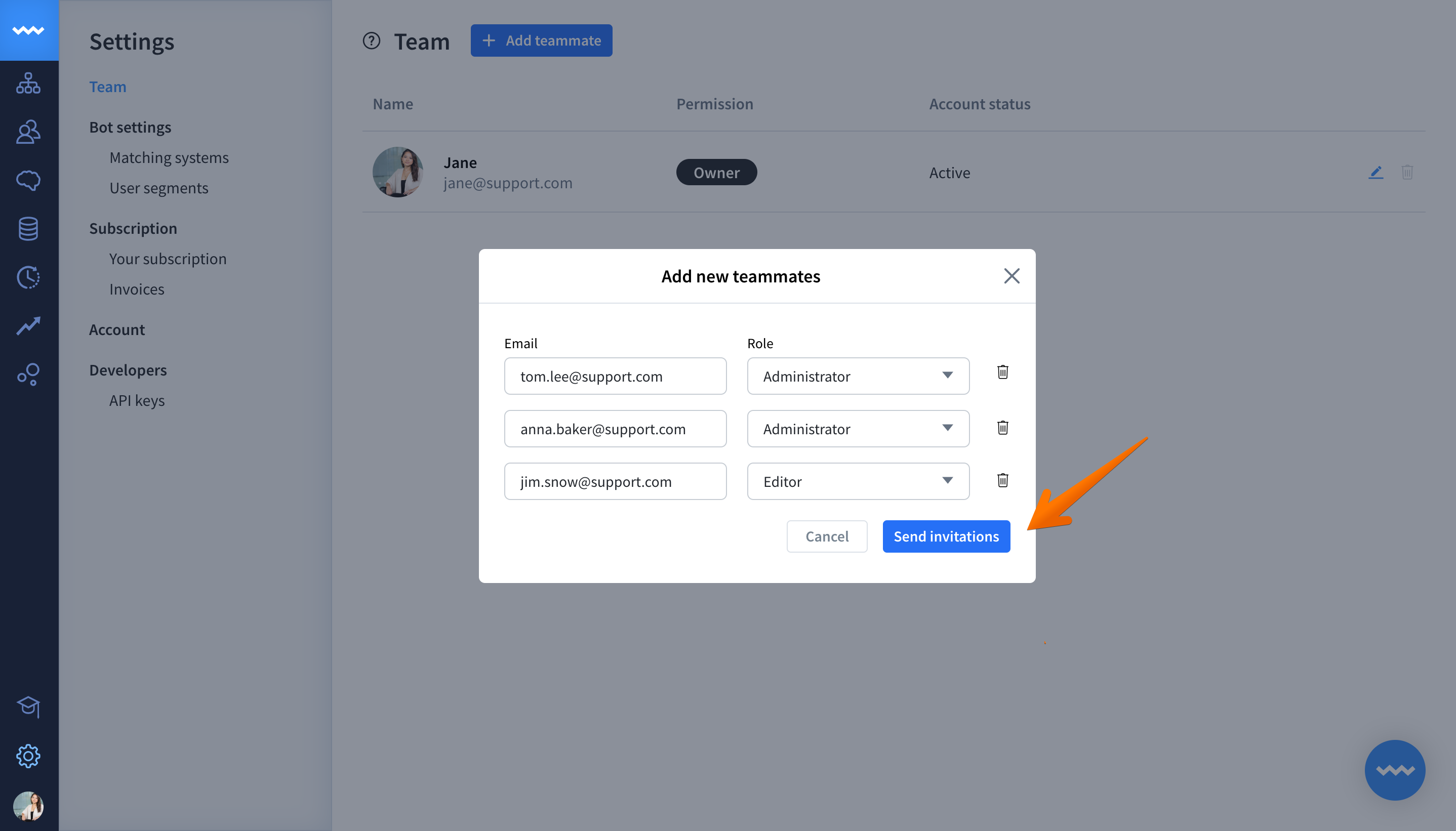 Send invitations to your team in Chat Bot
