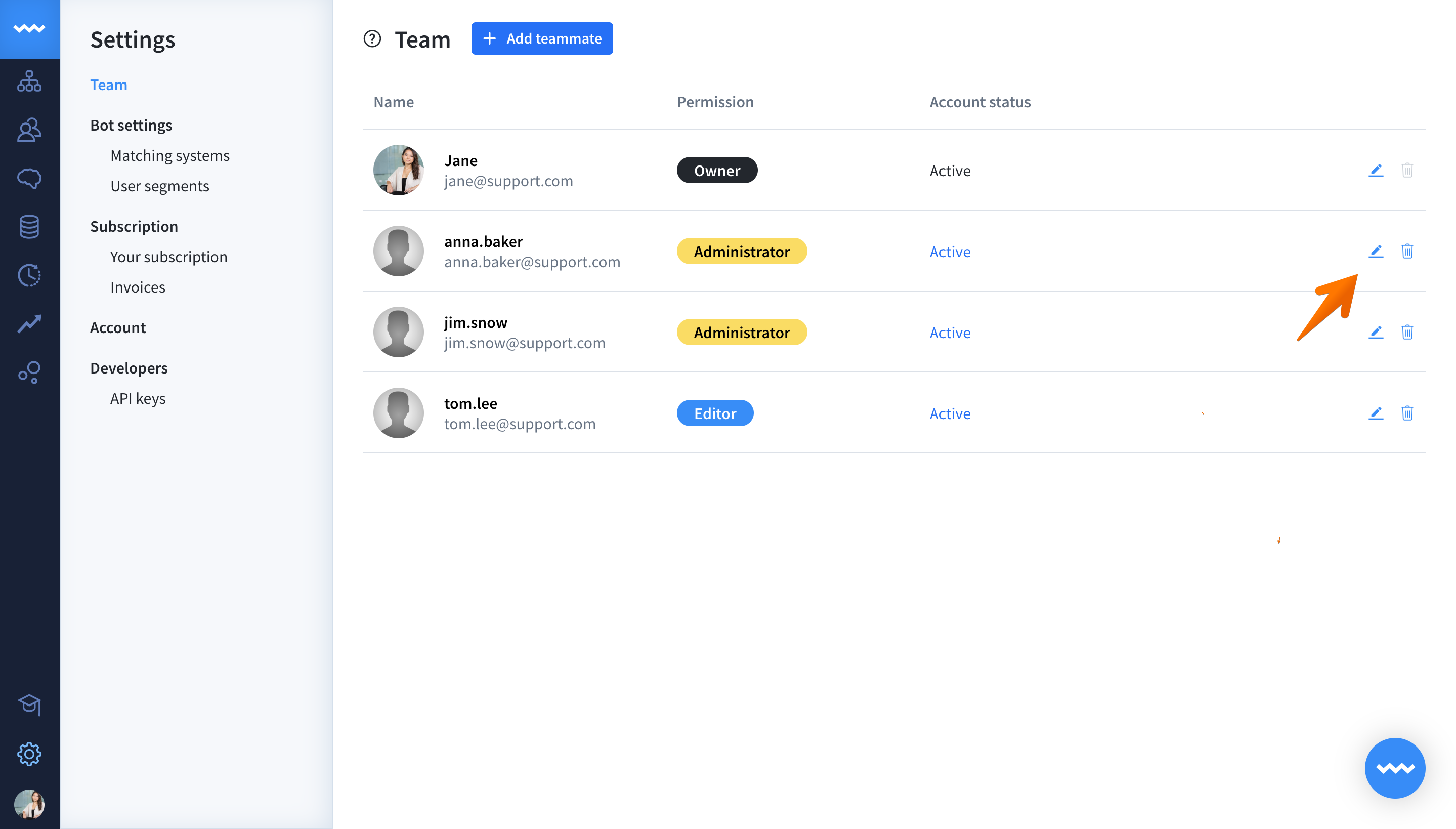 Change the roles of teammates in Chat Bot